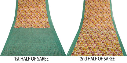 Sanskriti Vintage Saree Beige-Green Pure Cotton Floral Print Sari 5.5+Yard Craft