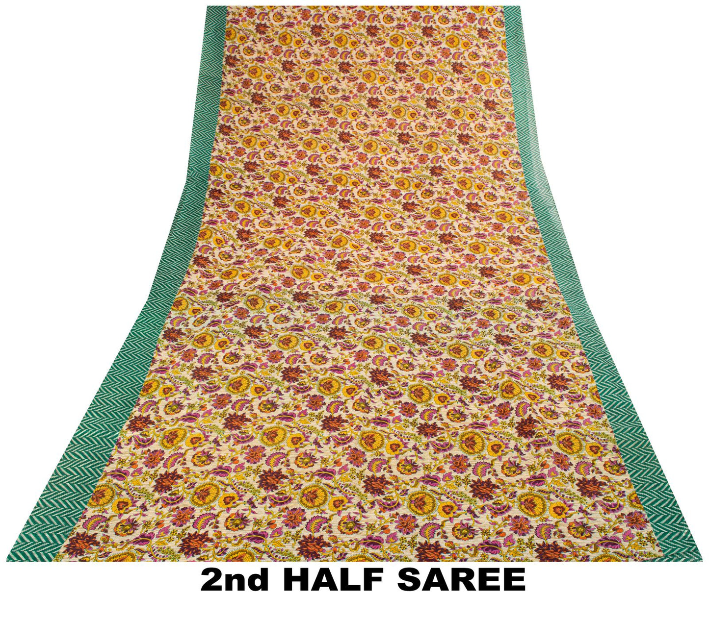 Sanskriti Vintage Saree Beige-Green Pure Cotton Floral Print Sari 5.5+Yard Craft