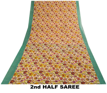 Sanskriti Vintage Saree Beige-Green Pure Cotton Floral Print Sari 5.5+Yard Craft