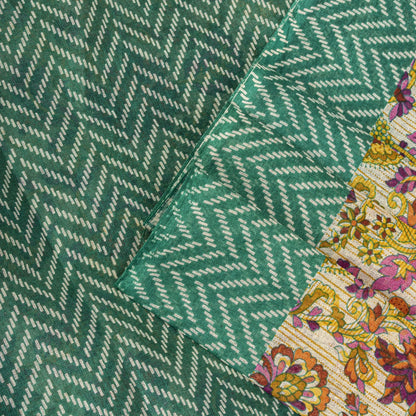 Sanskriti Vintage Saree Beige-Green Pure Cotton Floral Print Sari 5.5+Yard Craft