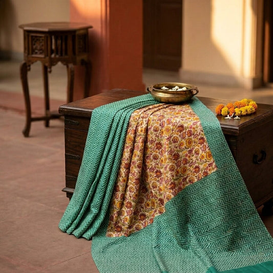 Sanskriti Vintage Saree Beige-Green Pure Cotton Floral Print Sari 5.5+Yard Craft