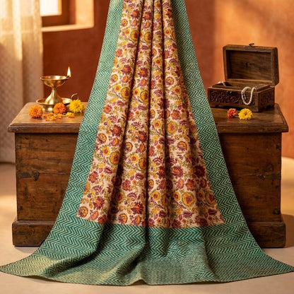 Sanskriti Vintage Saree Beige-Green Pure Cotton Floral Print Sari 5.5+Yard Craft