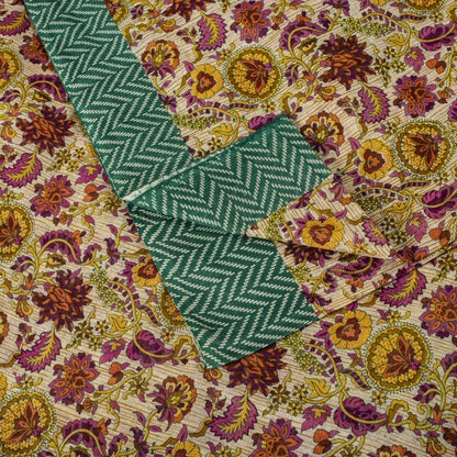 Sanskriti Vintage Saree Beige-Green Pure Cotton Floral Print Sari 5.5+Yard Craft