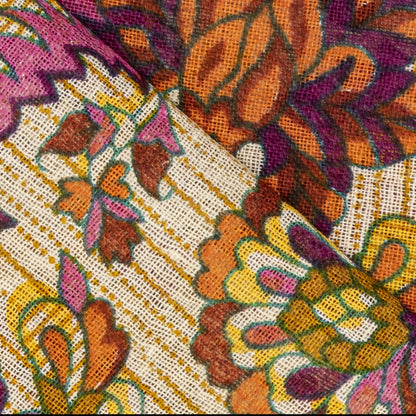 Sanskriti Vintage Saree Beige-Green Pure Cotton Floral Print Sari 5.5+Yard Craft