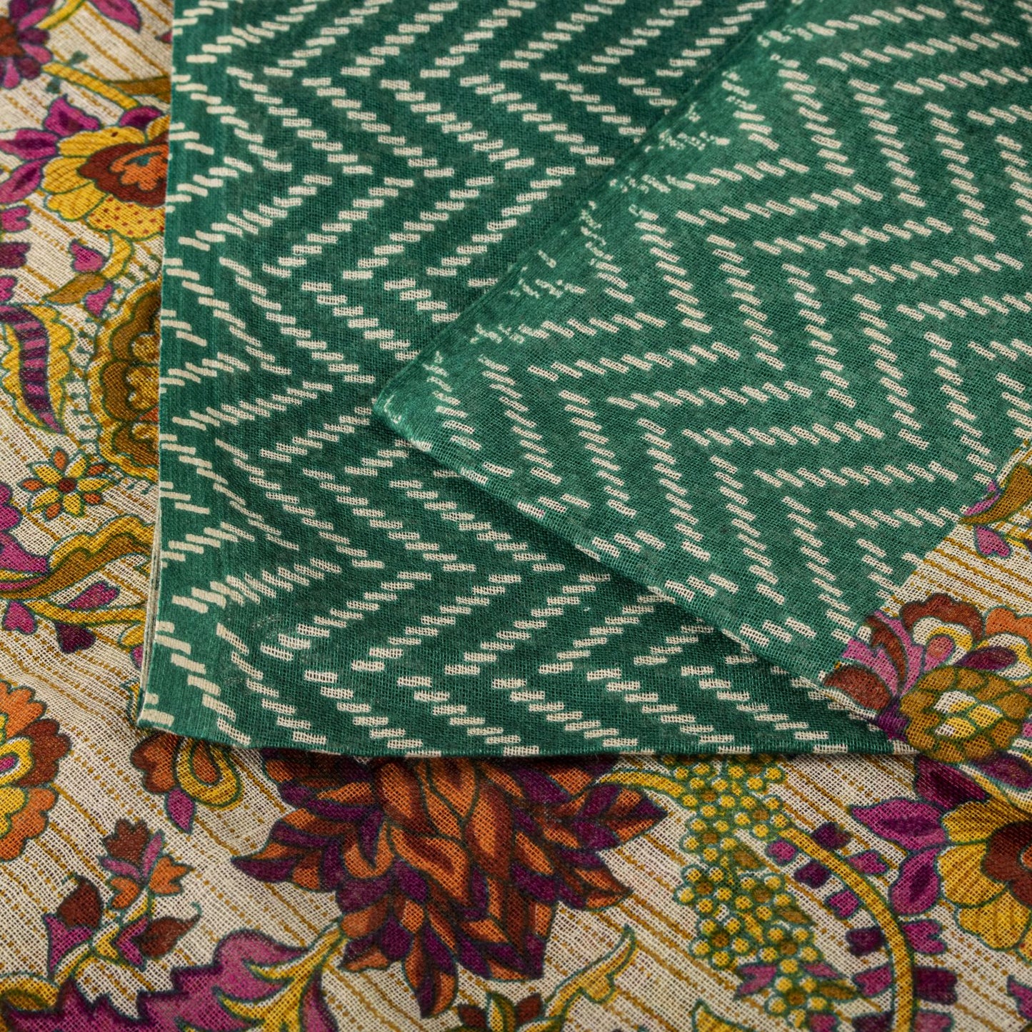 Sanskriti Vintage Saree Beige-Green Pure Cotton Floral Print Sari 5.5+Yard Craft