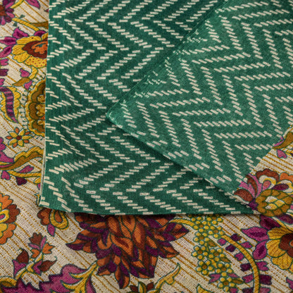 Sanskriti Vintage Saree Beige-Green Pure Cotton Floral Print Sari 5.5+Yard Craft