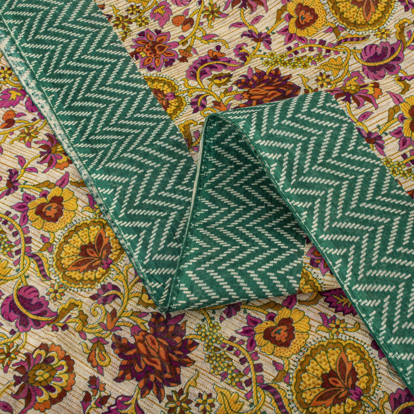 Sanskriti Vintage Saree Beige-Green Pure Cotton Floral Print Sari 5.5+Yard Craft