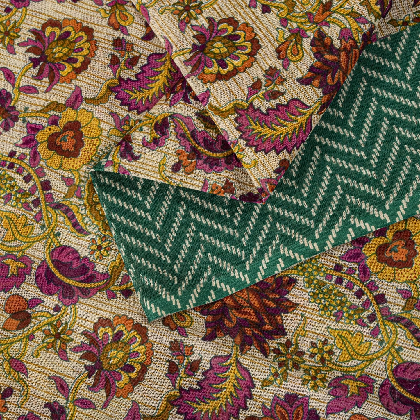 Sanskriti Vintage Saree Beige-Green Pure Cotton Floral Print Sari 5.5+Yard Craft