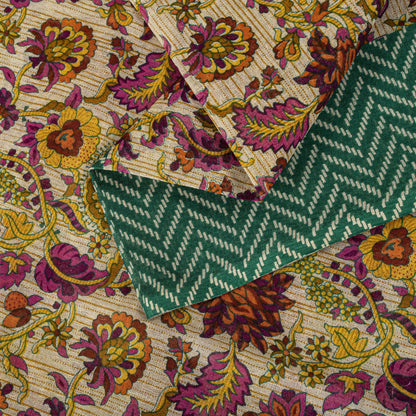 Sanskriti Vintage Saree Beige-Green Pure Cotton Floral Print Sari 5.5+Yard Craft