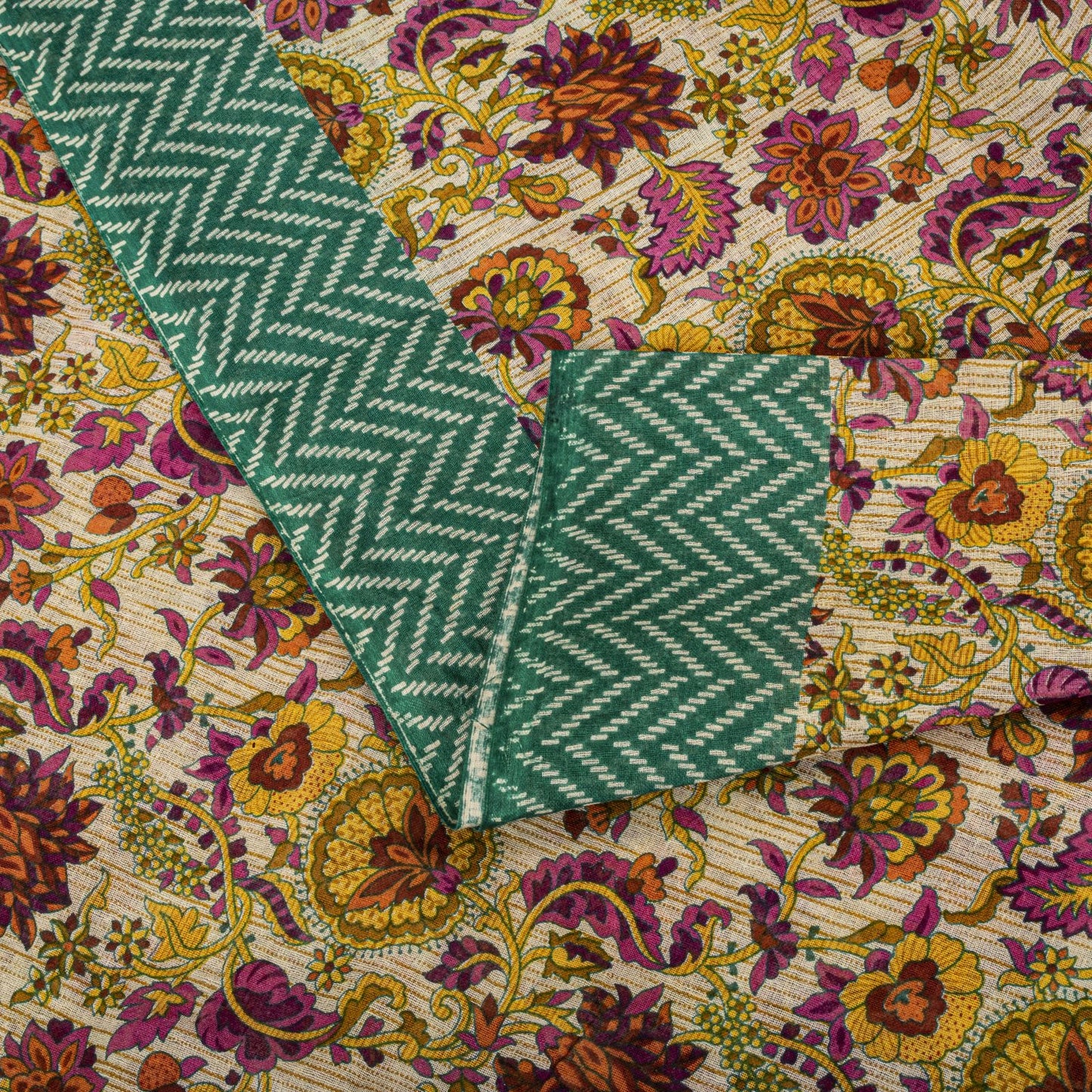 Sanskriti Vintage Saree Beige-Green Pure Cotton Floral Print Sari 5.5+Yard Craft