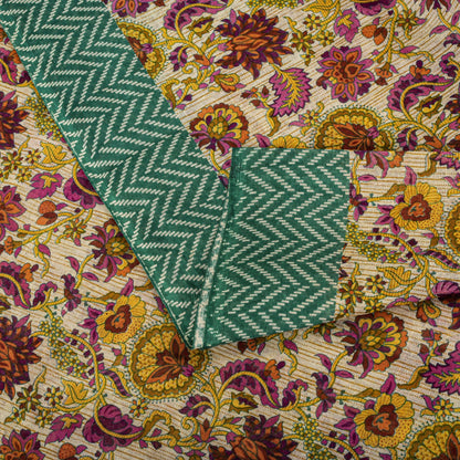 Sanskriti Vintage Saree Beige-Green Pure Cotton Floral Print Sari 5.5+Yard Craft