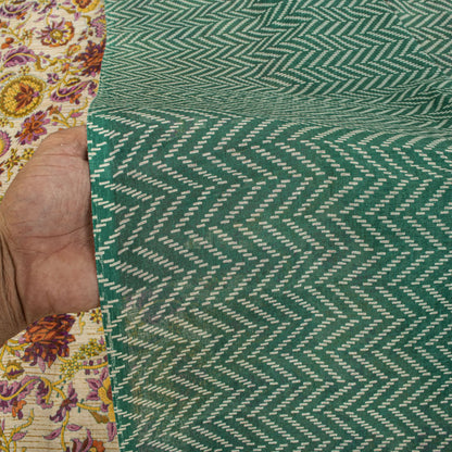 Sanskriti Vintage Saree Beige-Green Pure Cotton Floral Print Sari 5.5+Yard Craft