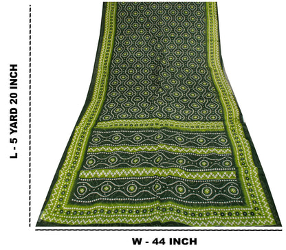 Sanskriti Vintage Saree Green 100% Pure Cotton Bandhani Print Sari 5.5YD Fabric