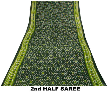 Sanskriti Vintage Saree Green 100% Pure Cotton Bandhani Print Sari 5.5YD Fabric