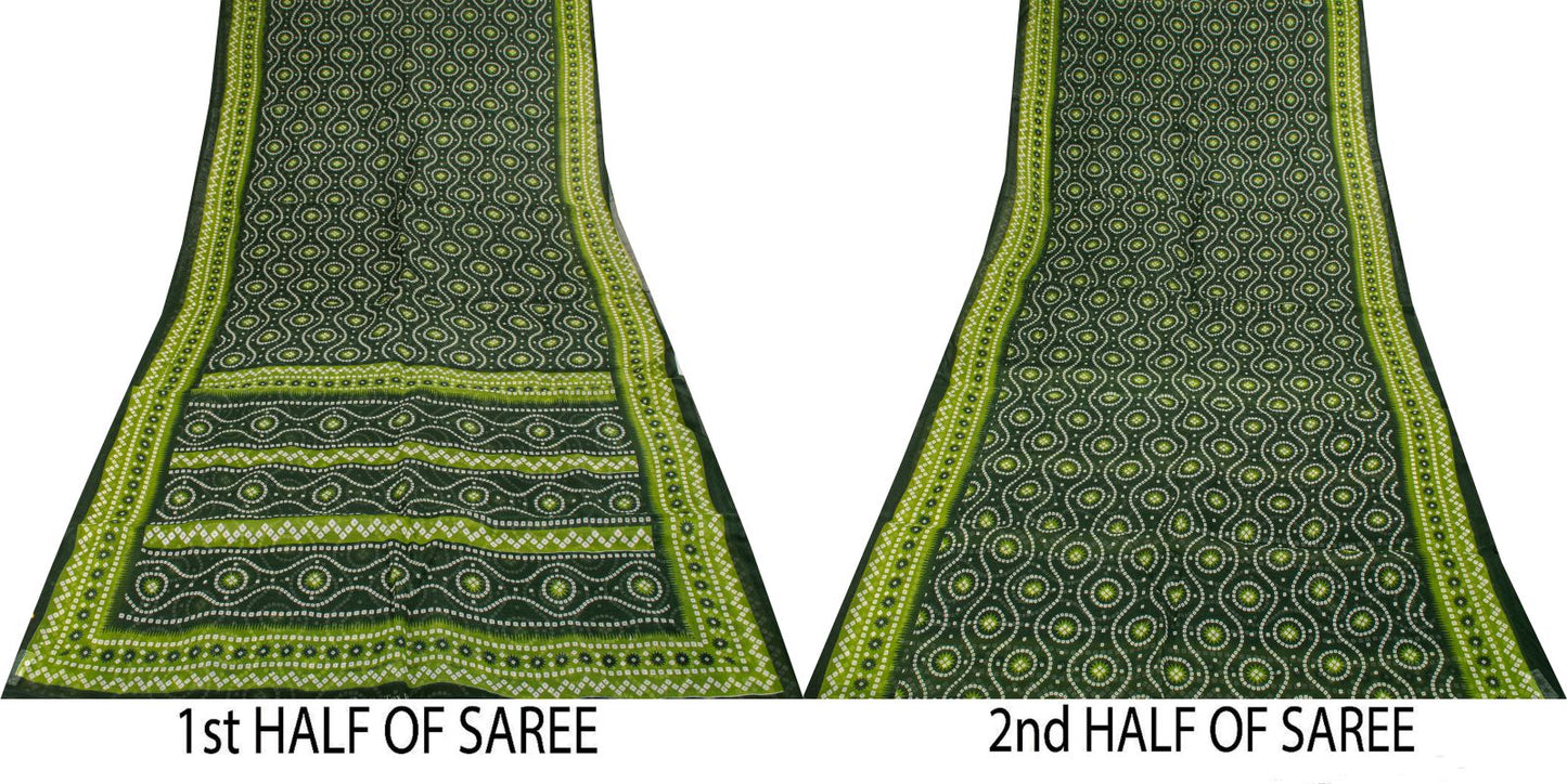 Sanskriti Vintage Saree Green 100% Pure Cotton Bandhani Print Sari 5.5YD Fabric