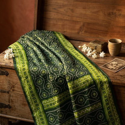 Sanskriti Vintage Saree Green 100% Pure Cotton Bandhani Print Sari 5.5YD Fabric