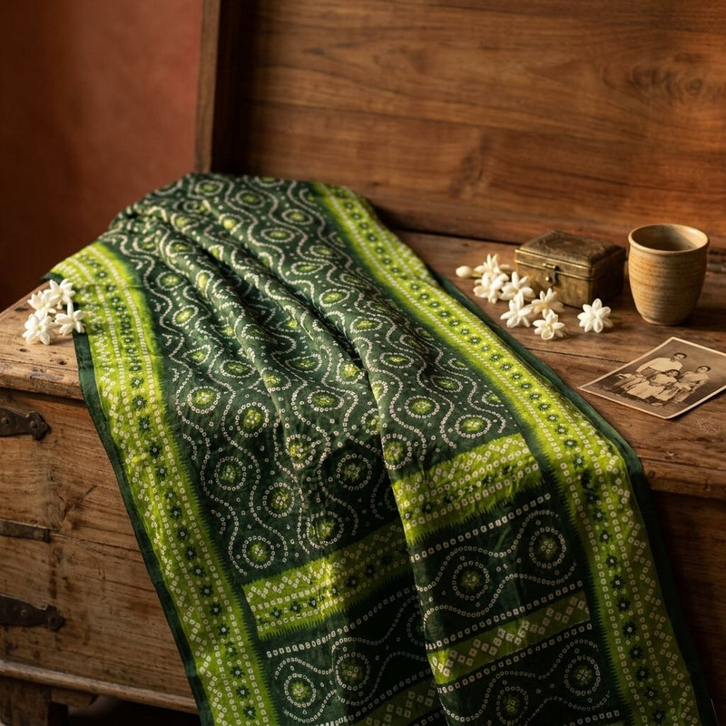 Sanskriti Vintage Saree Green 100% Pure Cotton Bandhani Print Sari 5.5YD Fabric
