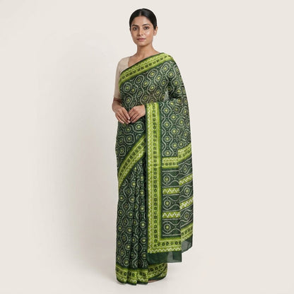 Sanskriti Vintage Saree Green 100% Pure Cotton Bandhani Print Sari 5.5YD Fabric