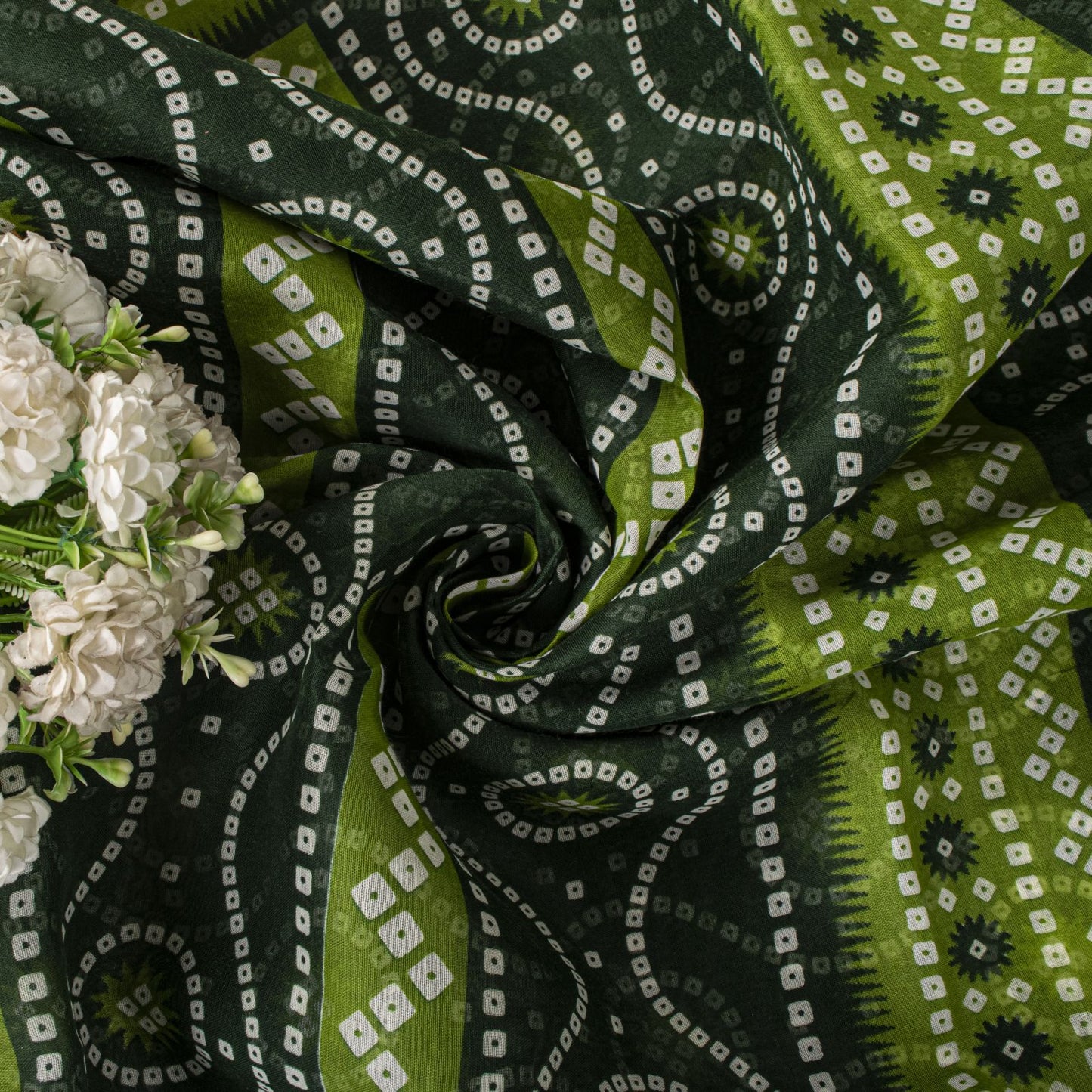 Sanskriti Vintage Saree Green 100% Pure Cotton Bandhani Print Sari 5.5YD Fabric