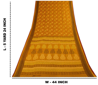 Sanskriti Vintage Saree Yellow 100%Pure Cotton Floral Printed Sari 5+Yard Craft Fabric