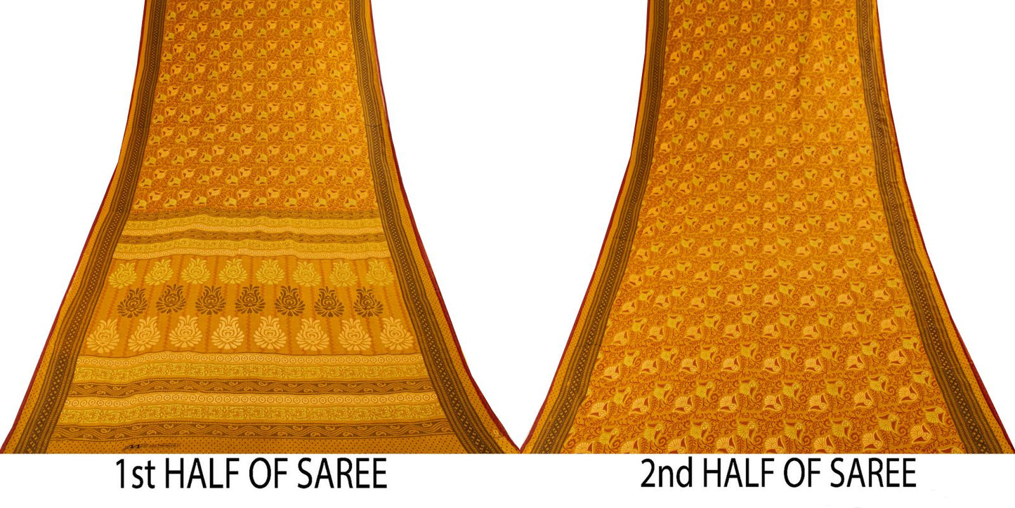 Sanskriti Vintage Saree Yellow 100%Pure Cotton Floral Printed Sari 5+Yard Craft Fabric