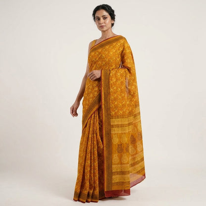 Sanskriti Vintage Saree Yellow 100%Pure Cotton Floral Printed Sari 5+Yard Craft Fabric