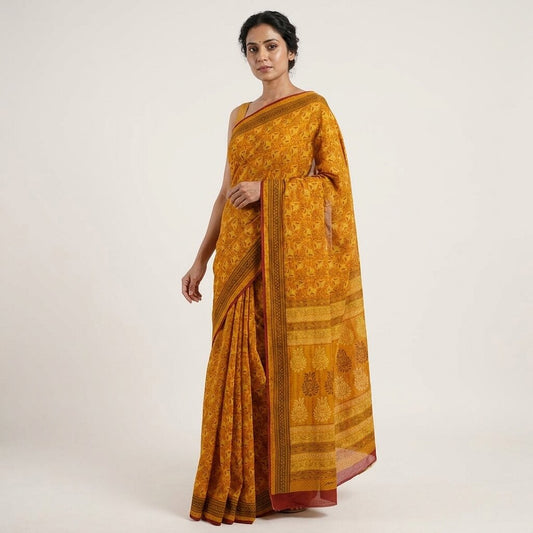 Sanskriti Vintage Saree Yellow 100%Pure Cotton Floral Printed Sari 5+Yard Craft Fabric