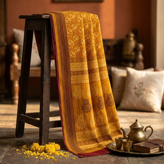 Sanskriti Vintage Saree Yellow 100%Pure Cotton Floral Printed Sari 5+Yard Craft Fabric