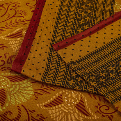 Sanskriti Vintage Saree Yellow 100%Pure Cotton Floral Printed Sari 5+Yard Craft Fabric