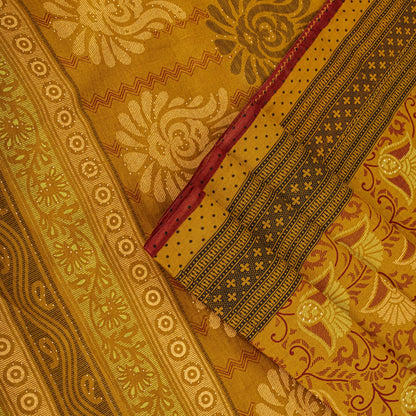 Sanskriti Vintage Saree Yellow 100%Pure Cotton Floral Printed Sari 5+Yard Craft Fabric