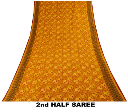 Sanskriti Vintage Saree Yellow 100%Pure Cotton Floral Printed Sari 5+Yard Craft Fabric