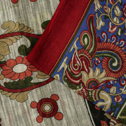 Sanskriti Vintage Saree Green Pure Cotton Kalamkari-Sambhalpuri Ikat Print Sari