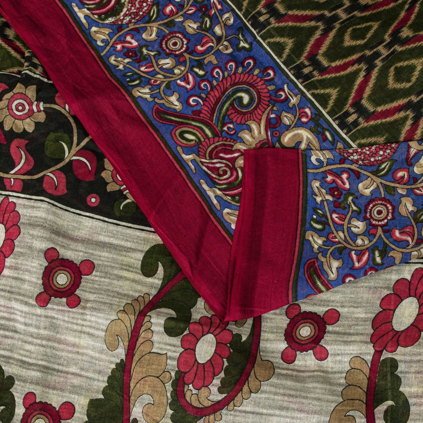 Sanskriti Vintage Saree Green Pure Cotton Kalamkari-Sambhalpuri Ikat Print Sari