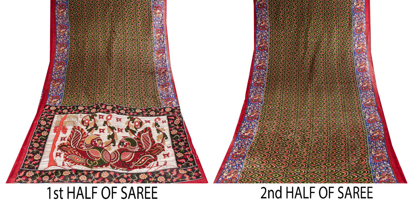 Sanskriti Vintage Saree Green Pure Cotton Kalamkari-Sambhalpuri Ikat Print Sari
