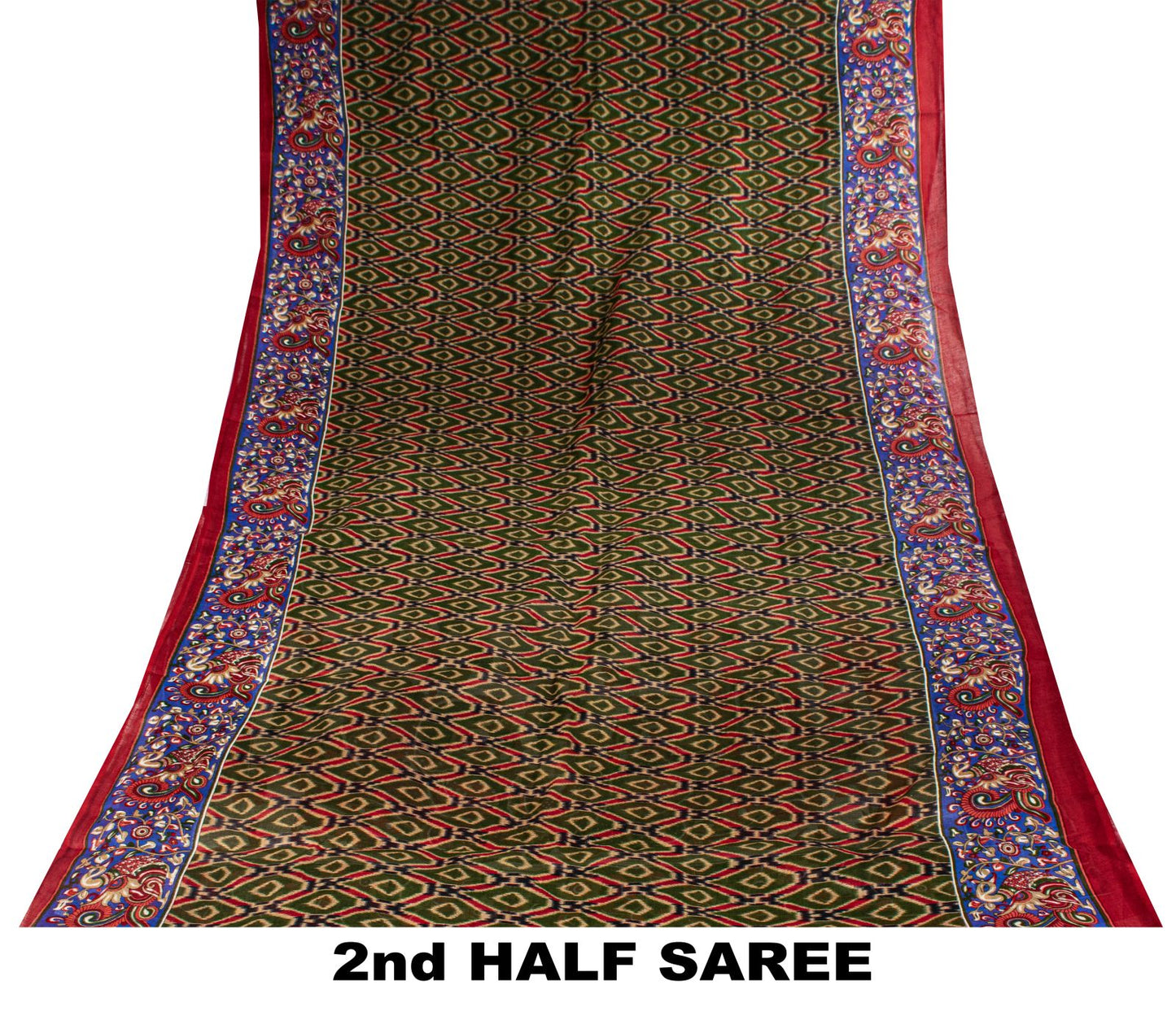 Sanskriti Vintage Saree Green Pure Cotton Kalamkari-Sambhalpuri Ikat Print Sari