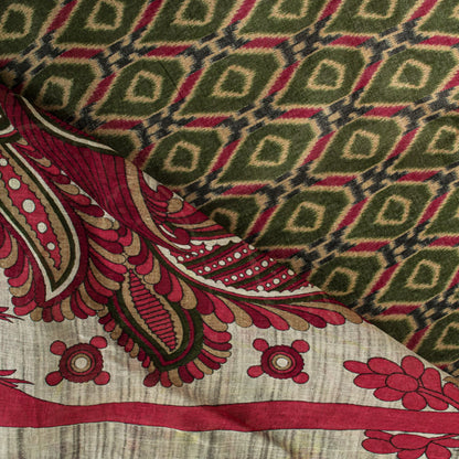 Sanskriti Vintage Saree Green Pure Cotton Kalamkari-Sambhalpuri Ikat Print Sari