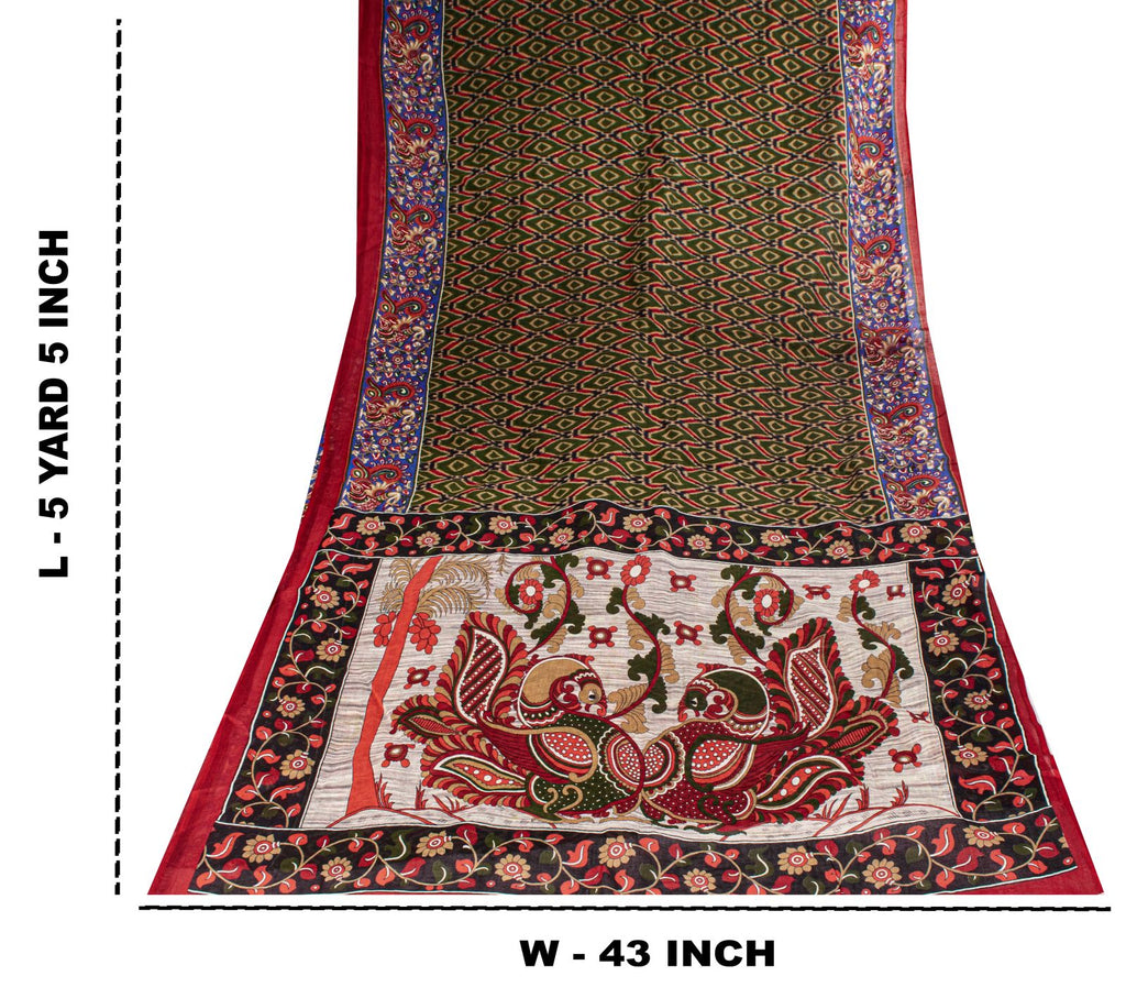 Sanskriti Vintage Saree Green Pure Cotton Kalamkari-Sambhalpuri Ikat Print Sari