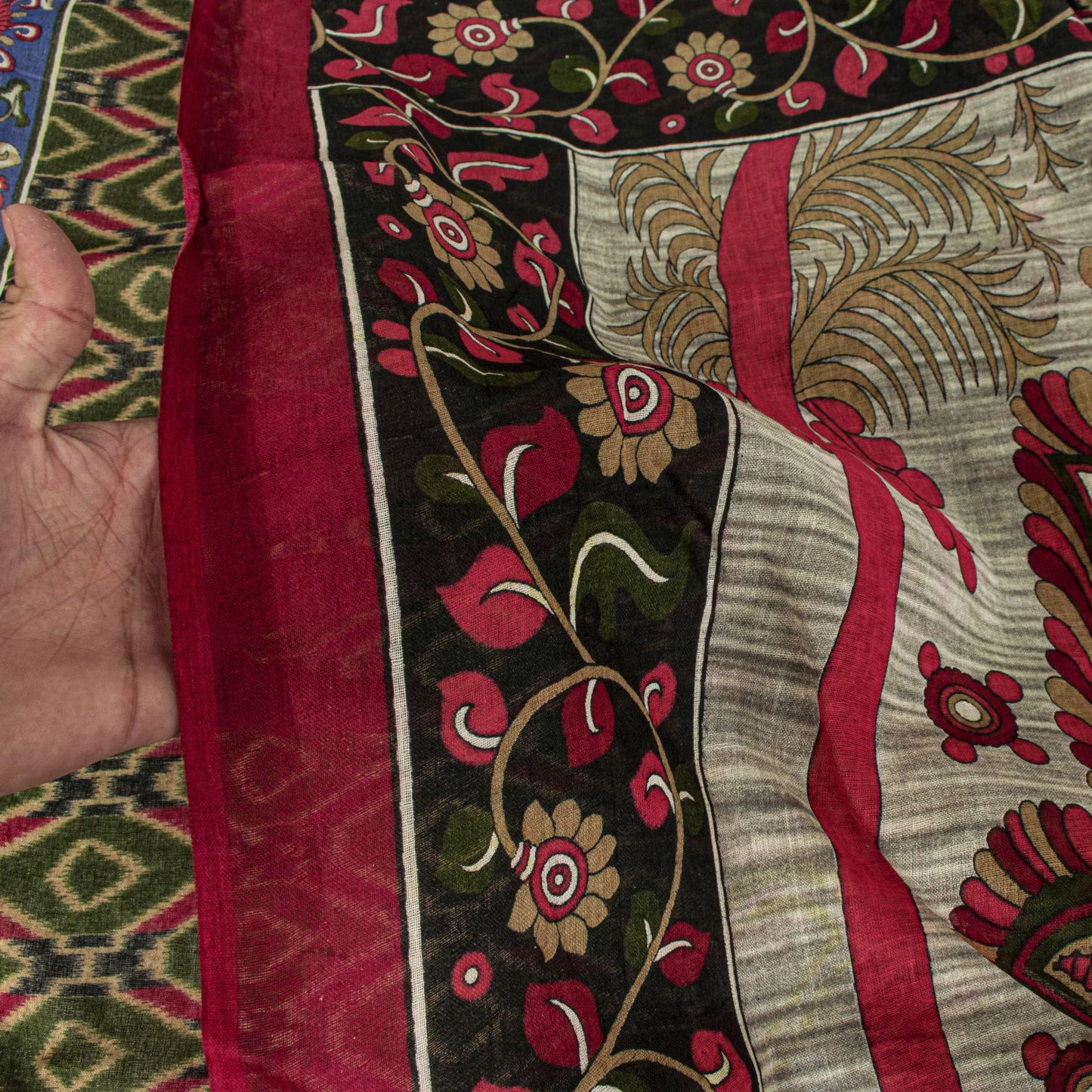 Sanskriti Vintage Saree Green Pure Cotton Kalamkari-Sambhalpuri Ikat Print Sari
