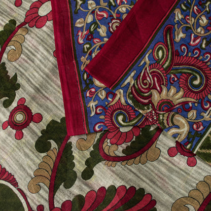 Sanskriti Vintage Saree Green Pure Cotton Kalamkari-Sambhalpuri Ikat Print Sari