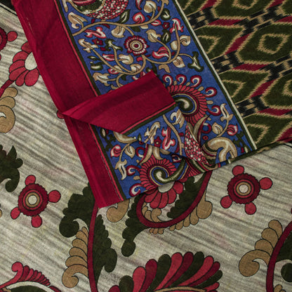Sanskriti Vintage Saree Green Pure Cotton Kalamkari-Sambhalpuri Ikat Print Sari