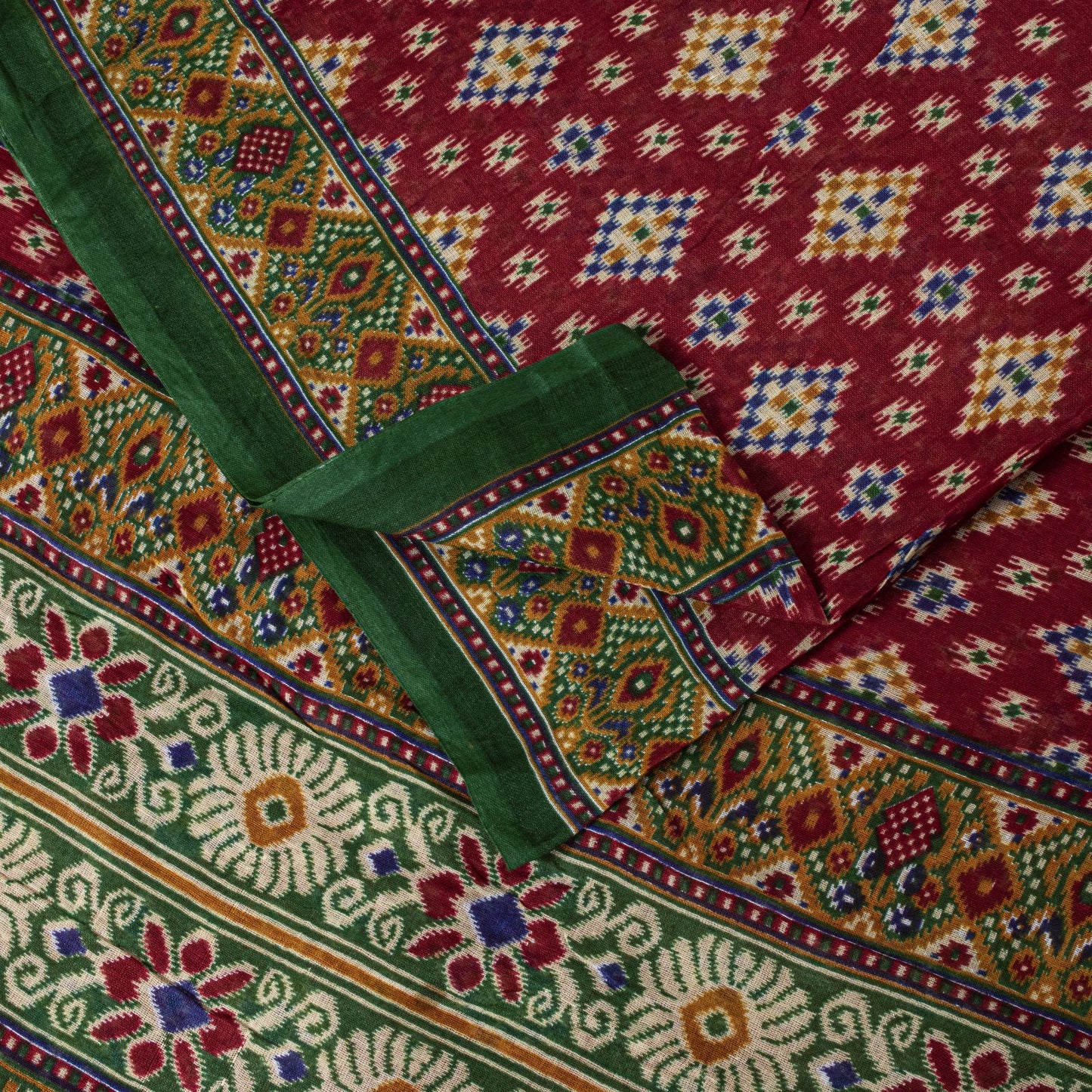 Sanskriti Vintage Saree Red Pure Cotton Patan Patola Gujrat Ikat Print Sari 5+YD