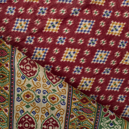 Sanskriti Vintage Saree Red Pure Cotton Patan Patola Gujrat Ikat Print Sari 5+YD