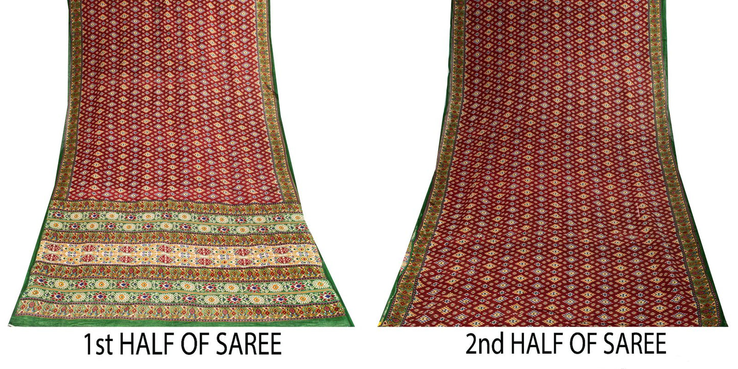 Sanskriti Vintage Saree Red Pure Cotton Patan Patola Gujrat Ikat Print Sari 5+YD