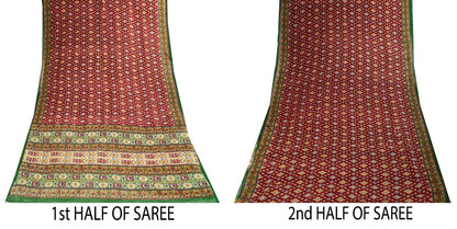 Sanskriti Vintage Saree Red Pure Cotton Patan Patola Gujrat Ikat Print Sari 5+YD