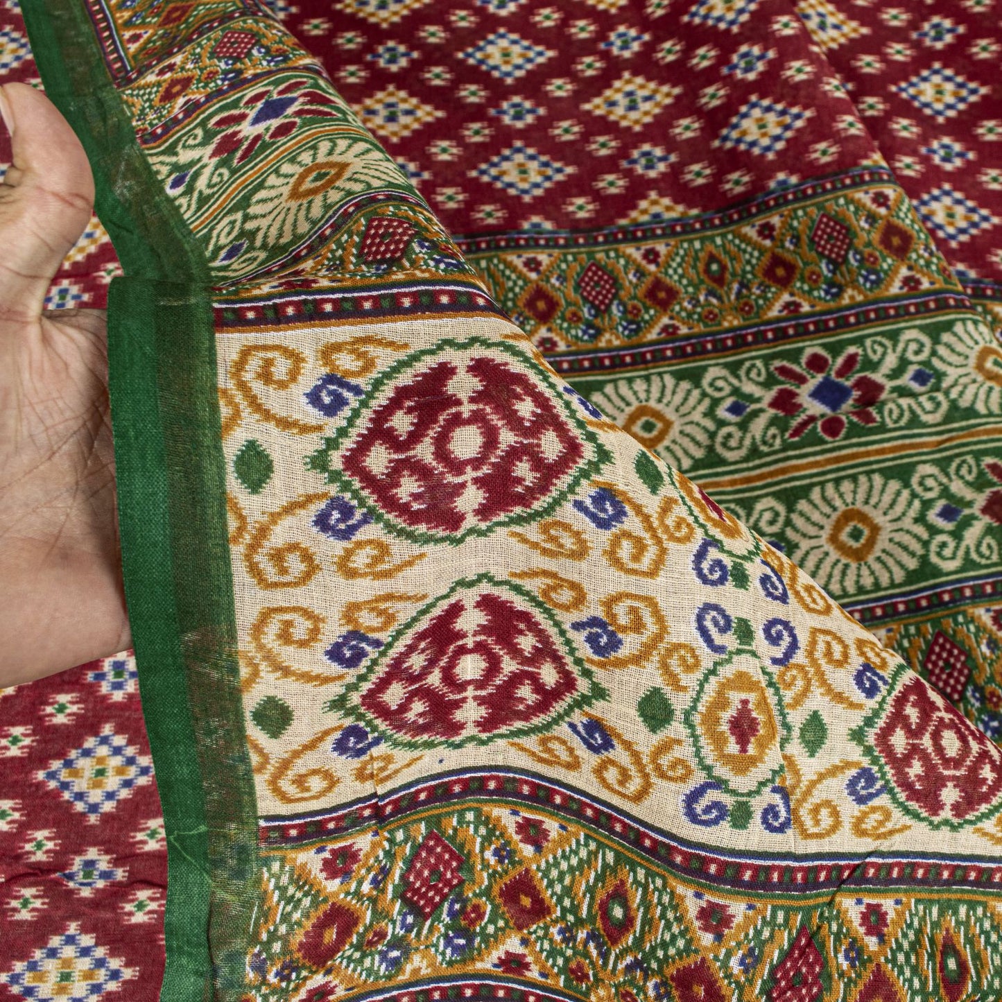 Sanskriti Vintage Saree Red Pure Cotton Patan Patola Gujrat Ikat Print Sari 5+YD