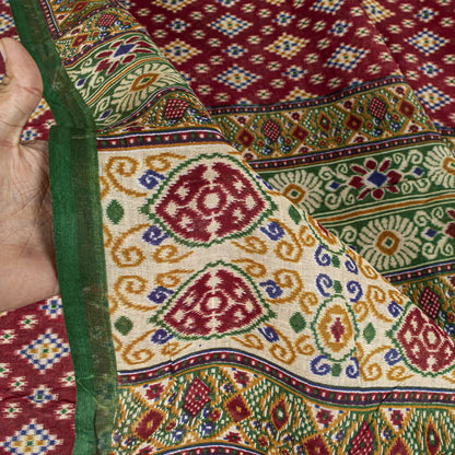 Sanskriti Vintage Saree Red Pure Cotton Patan Patola Gujrat Ikat Print Sari 5+YD