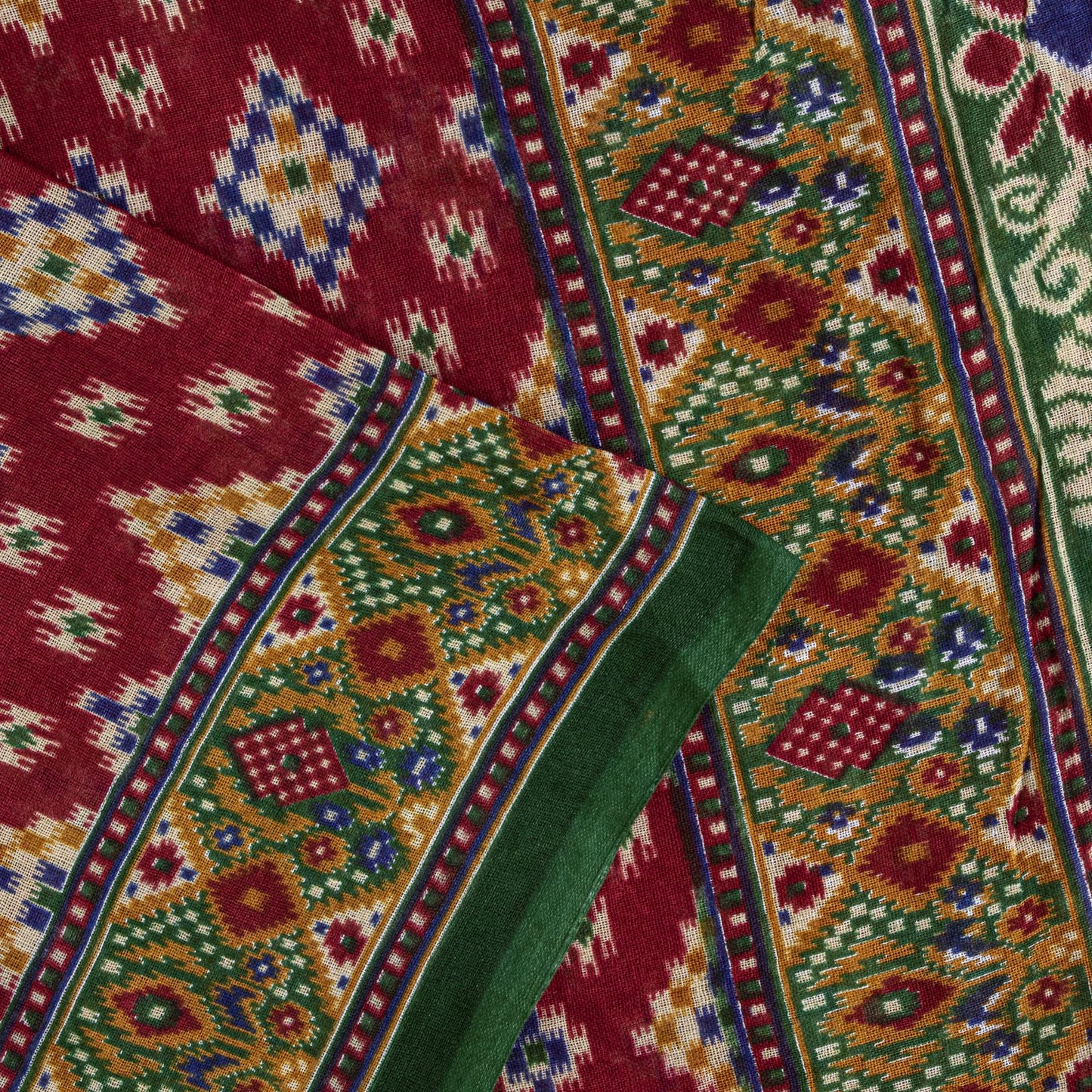Sanskriti Vintage Saree Red Pure Cotton Patan Patola Gujrat Ikat Print Sari 5+YD