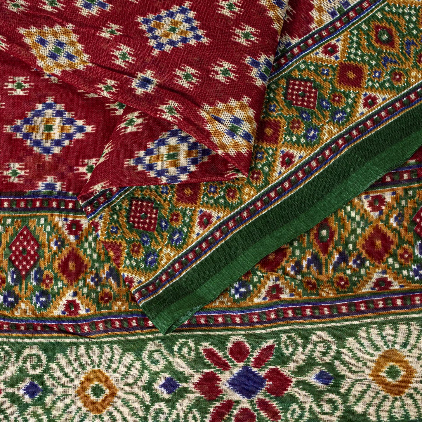 Sanskriti Vintage Saree Red Pure Cotton Patan Patola Gujrat Ikat Print Sari 5+YD