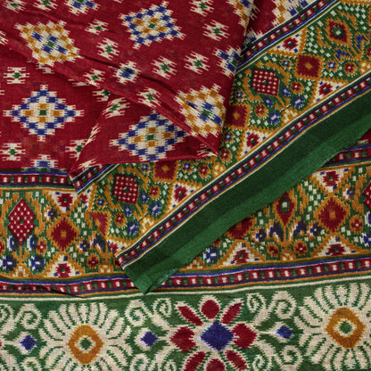 Sanskriti Vintage Saree Red Pure Cotton Patan Patola Gujrat Ikat Print Sari 5+YD