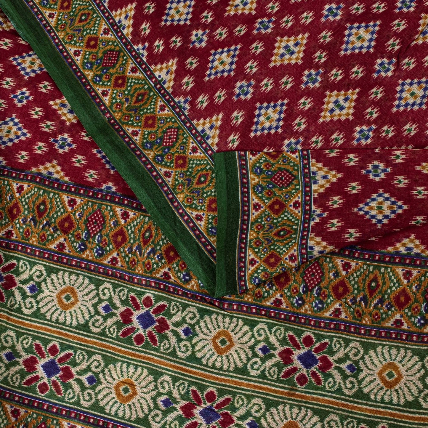 Sanskriti Vintage Saree Red Pure Cotton Patan Patola Gujrat Ikat Print Sari 5+YD